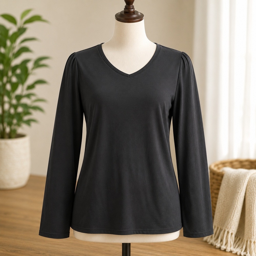Dennis by Dennis Basso V-Neck Long Sleeve Top Womens Large Black Stretch Shirt